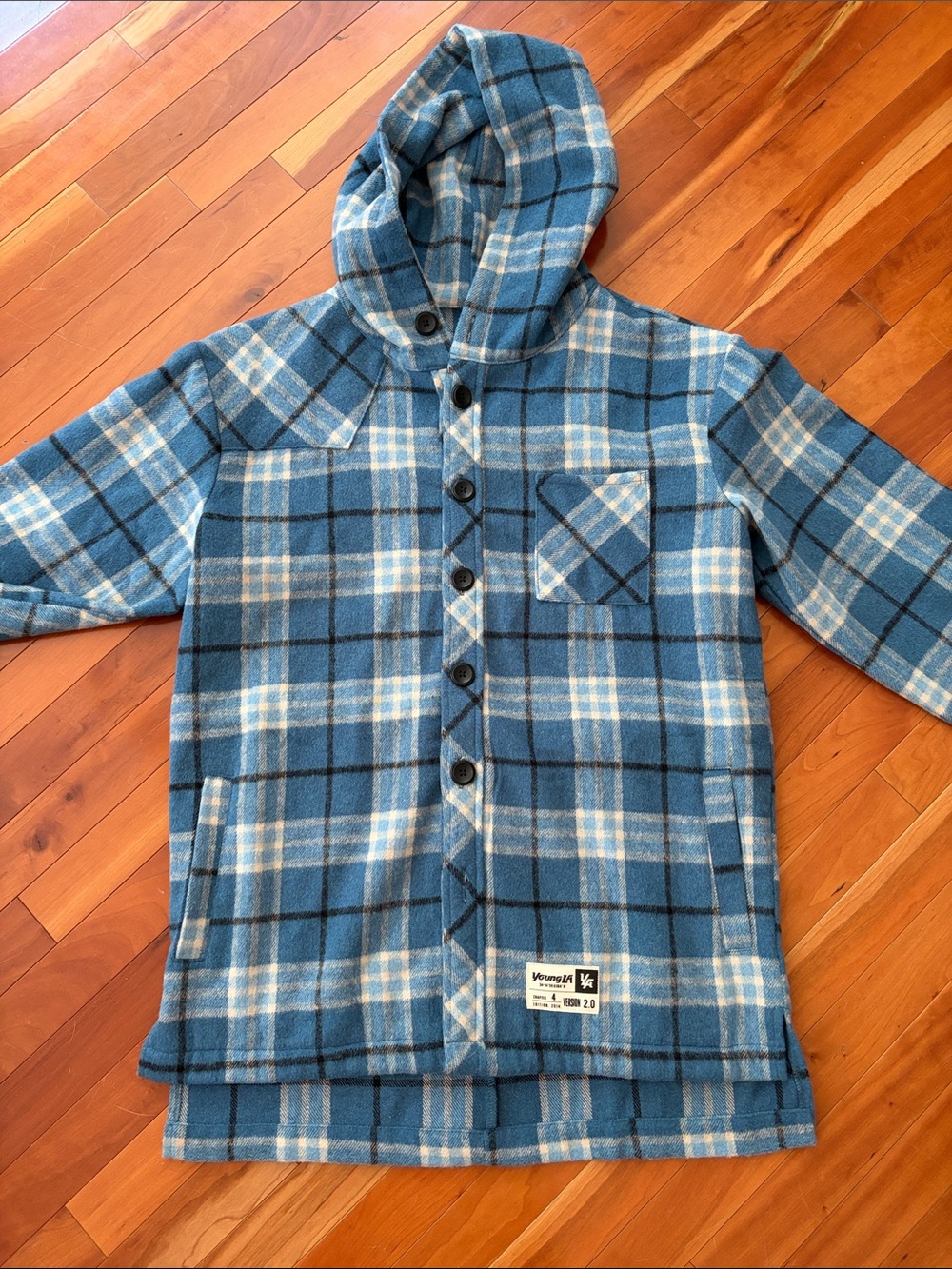 YoungLA Blue and Cream Plaid Hooded Button-Up Shirt Jacket
